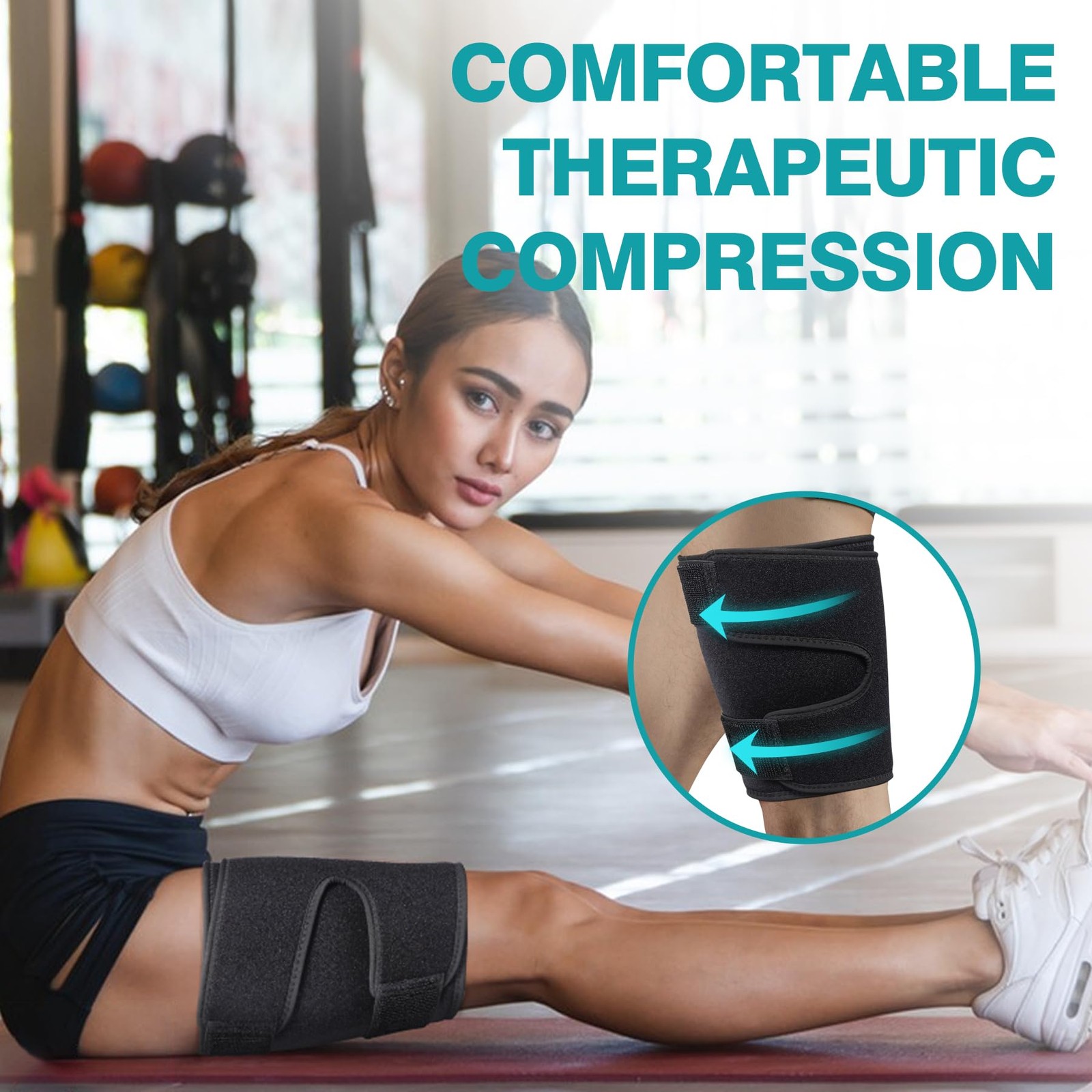 Thigh Brace, Hamstring Quadriceps Support and Wraps , Adjustable, Black