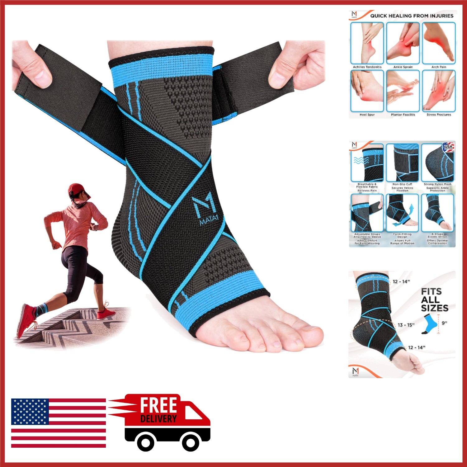 Ankle Brace for Men and Women Adjustable Compression Sleeve Black/Blue
