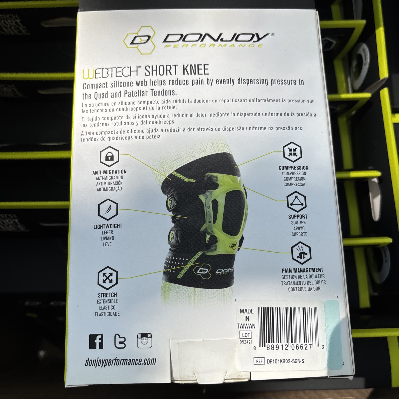 DONJOY PERFORMANCE Webtech Short Knee Brace Green Size Small Brand New