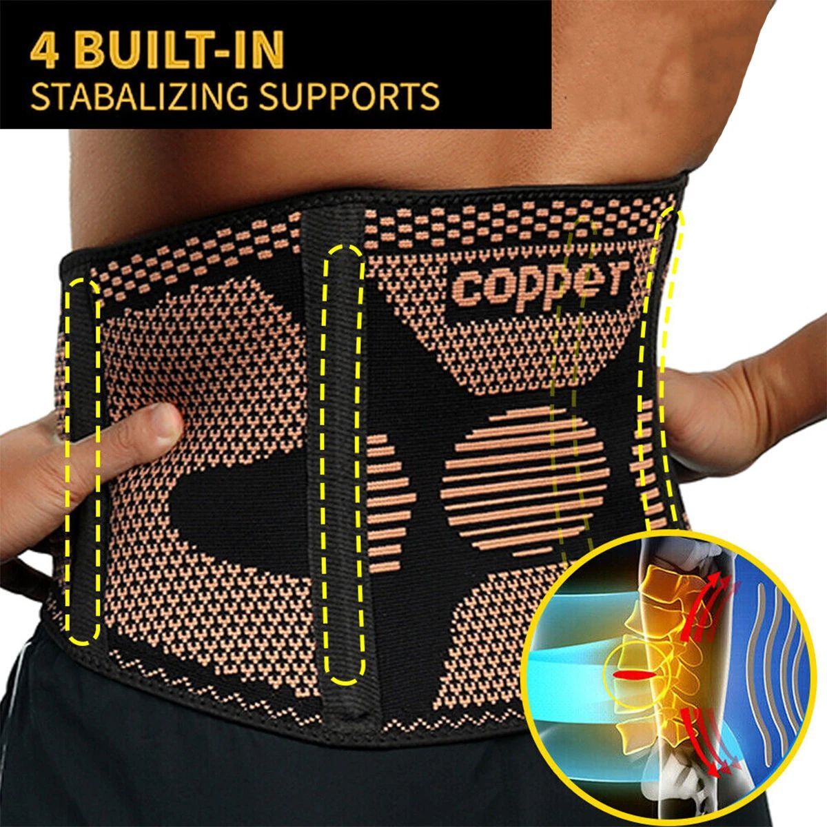 Fitness Copper Lumbar Waist Support Brace Belt Lower Back Pain Relief Gym Indoor