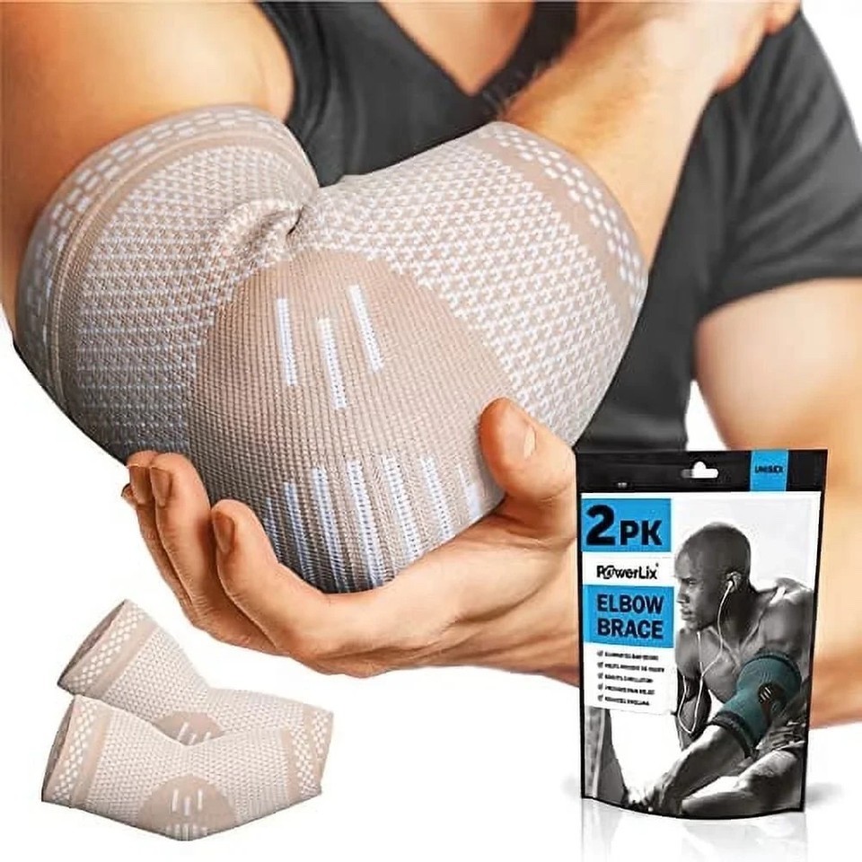 2 PowerLix Elbow Brace Compression Support Sleeve Pair Large Beige