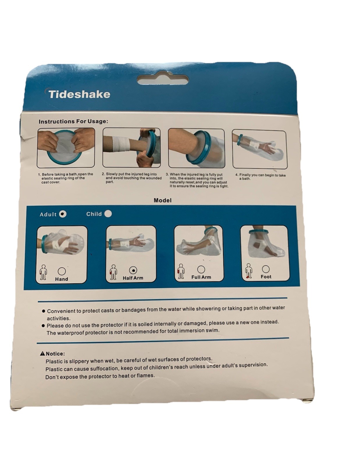 Tideshake Waterproof Cast/Dressing/PICC Line Cover Sz Adult Arm Reusable NIB