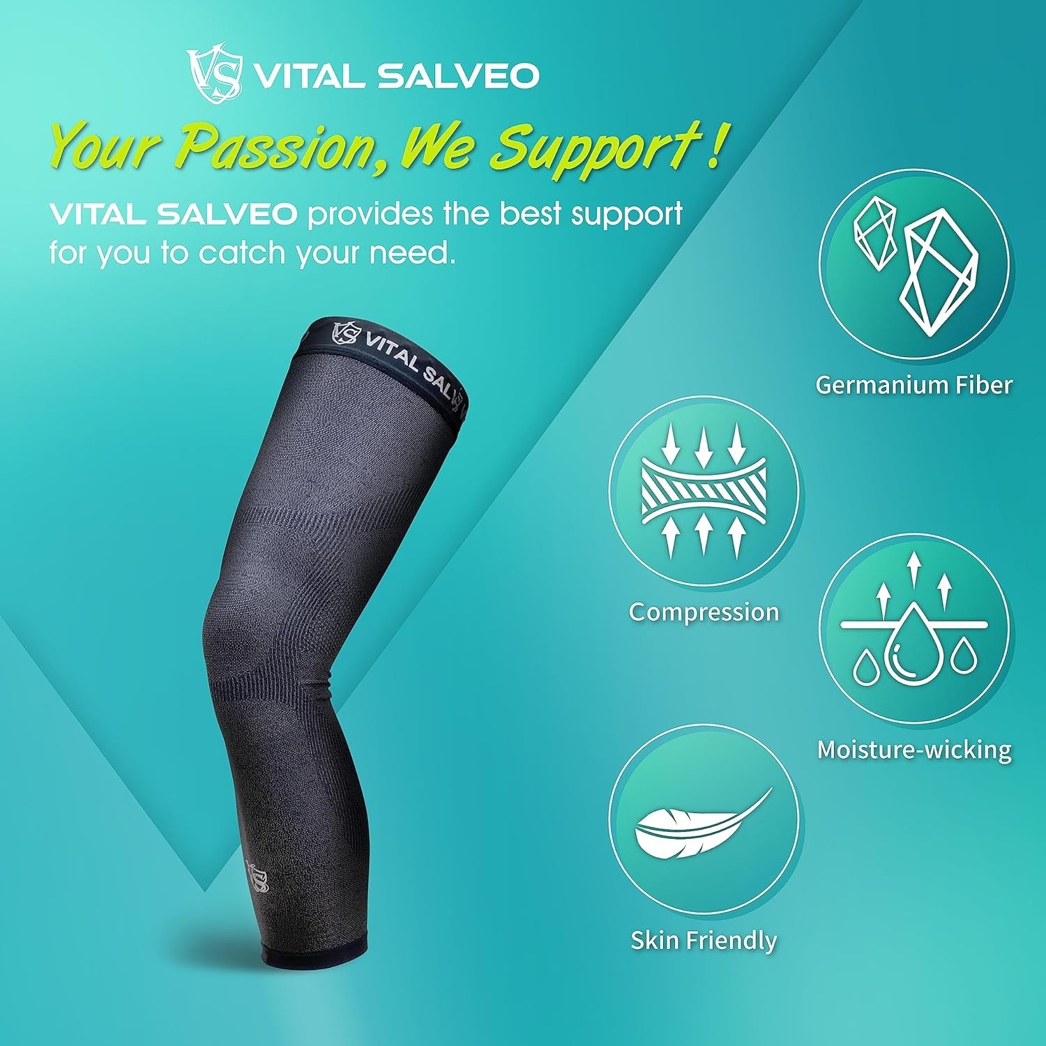 Vital Salveo Dark Grey Carbon Recovery Full Leg Sleeve MEDIUM Compression Leg