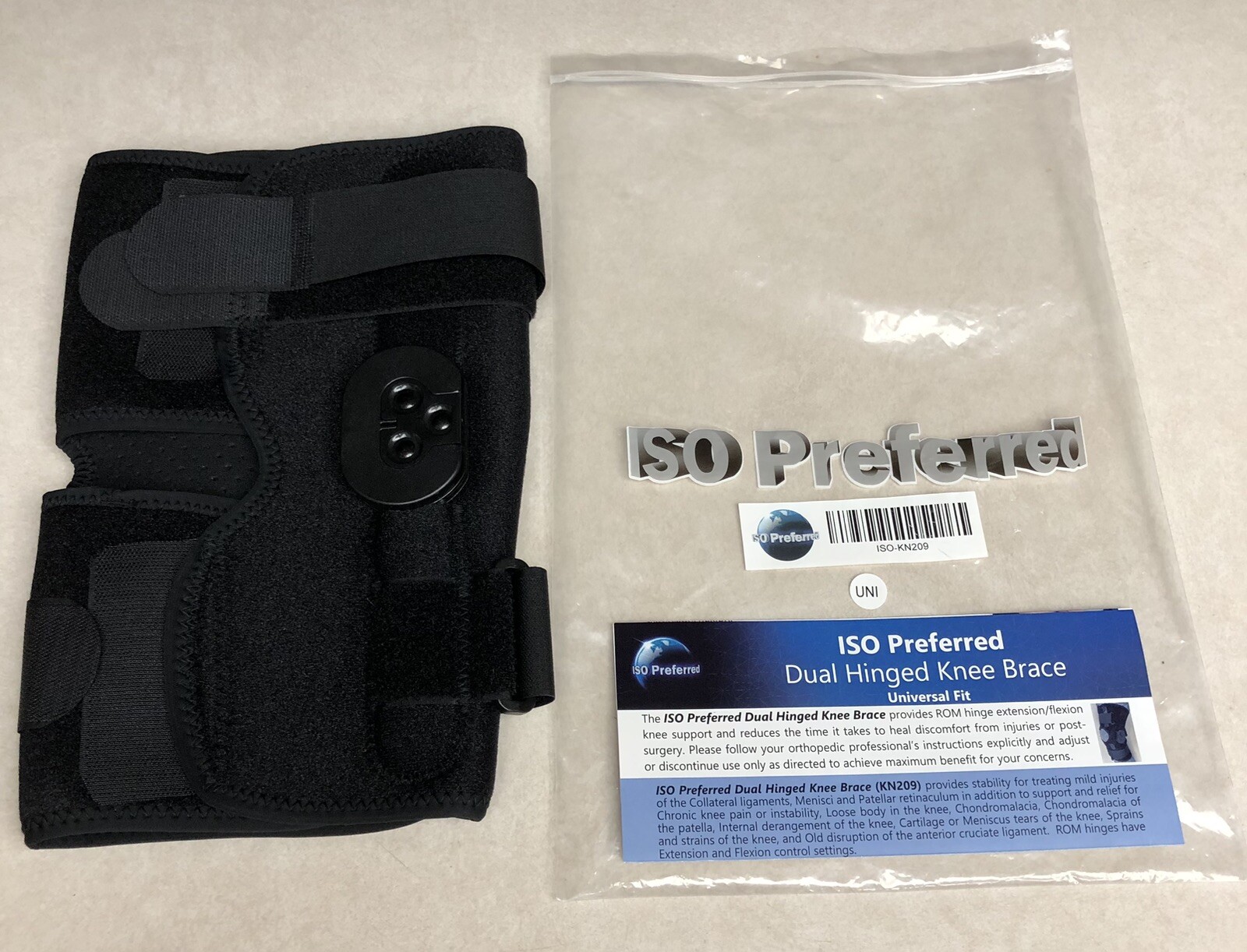 ISO Preferred Dual Hinged Knee Brace Universal One Size Black KN209 New
