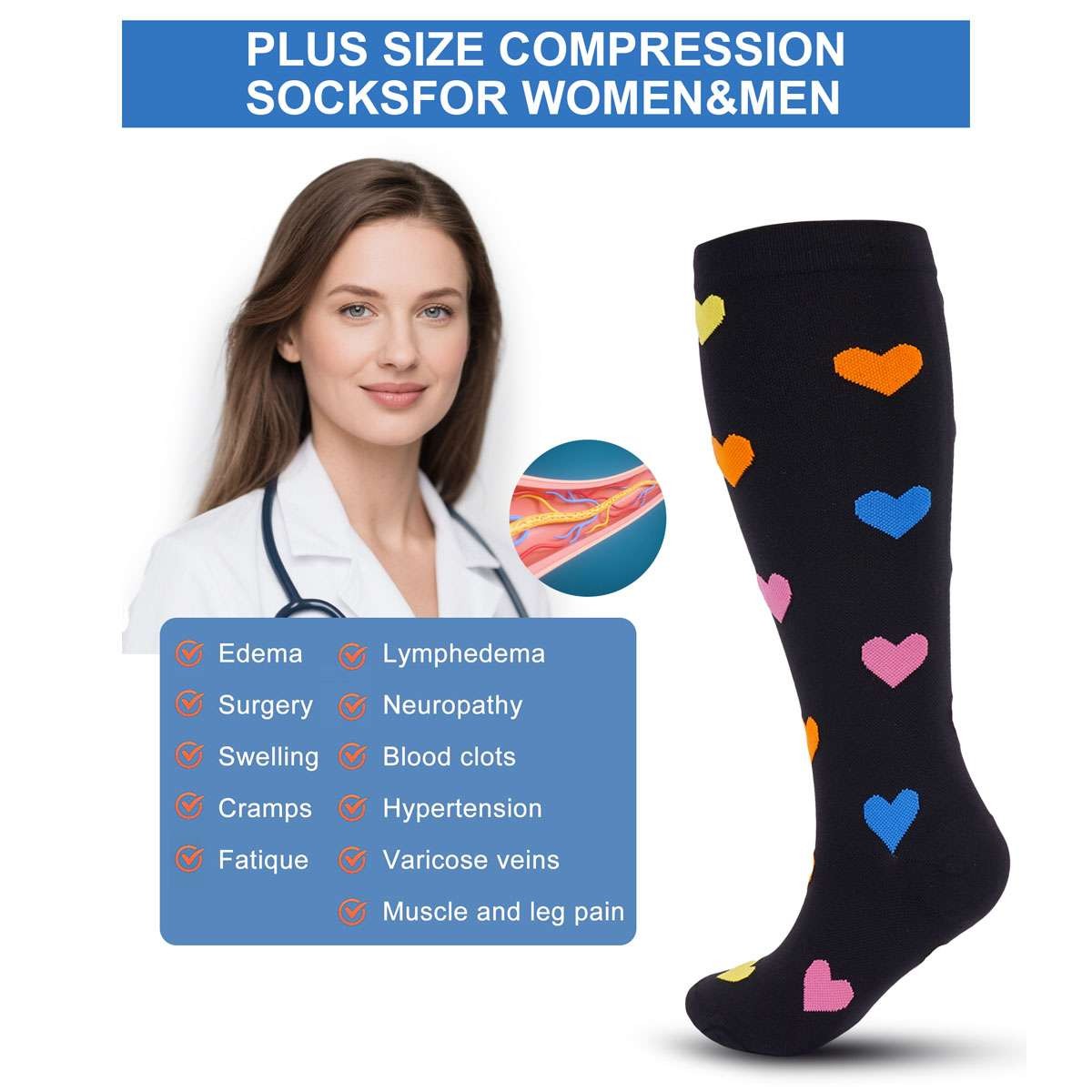 15-20 mmhg Compression Socks Stockings Plus Size Knee High Medical Socks 2XL-4XL
