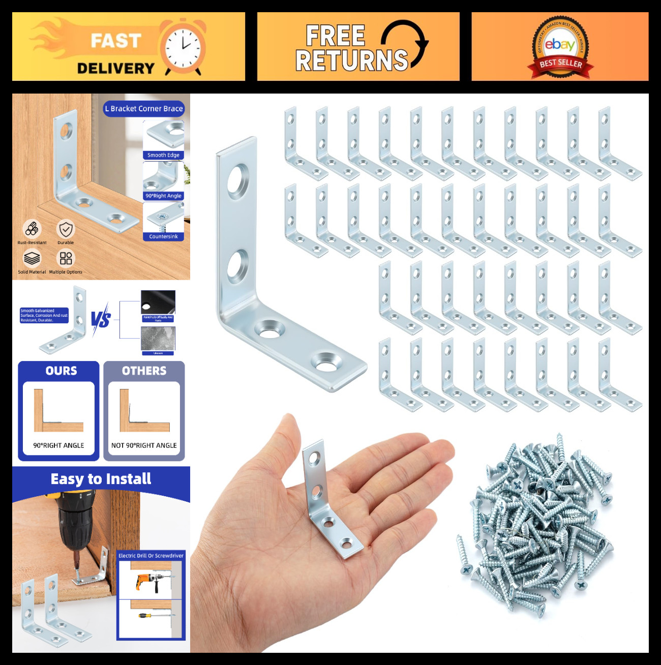 40 Pack L Bracket Corner Braces – 1.5″ Steel Right Angle Brackets for Wood Shelv