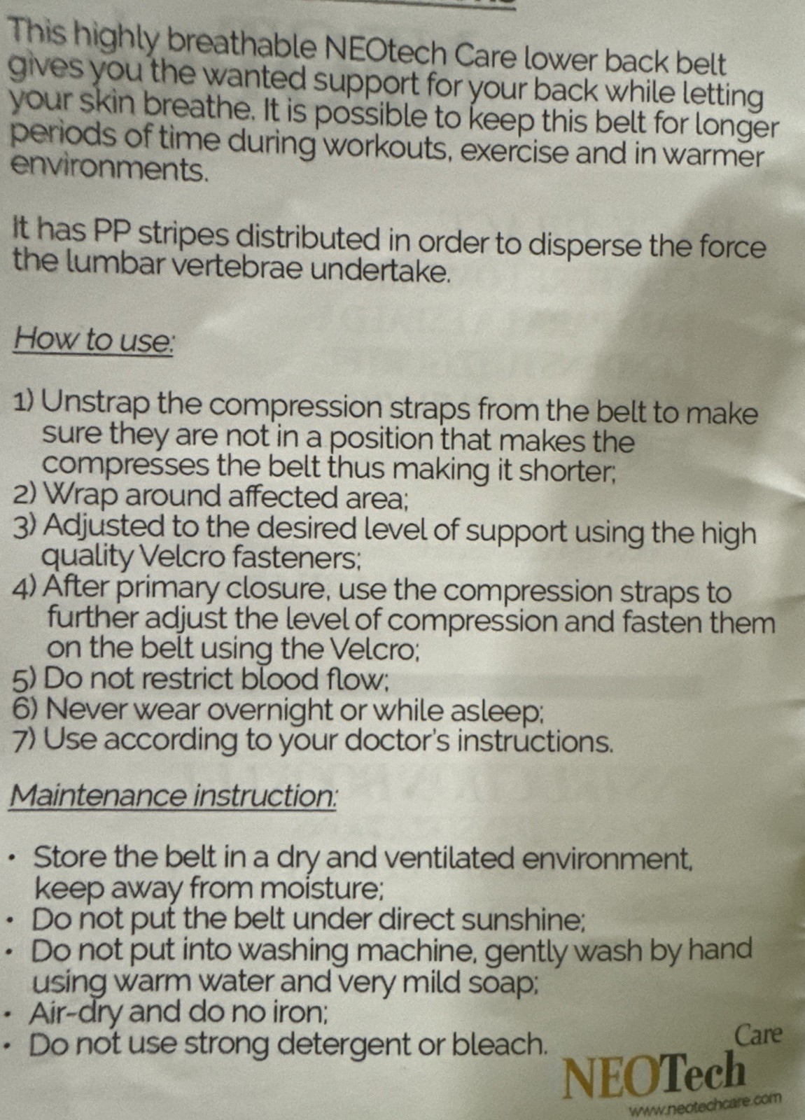 Neotech Care Back Brace Lumbar Support Belt Large Adjustable Staps New