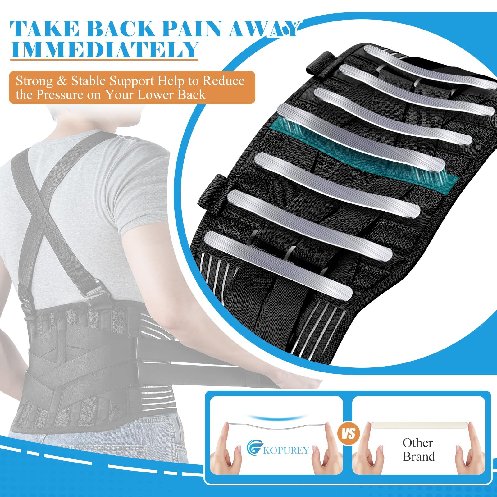 KOPUREY Work Back Brace with 2 Removable Suspender Shoulder Straps for Heavy