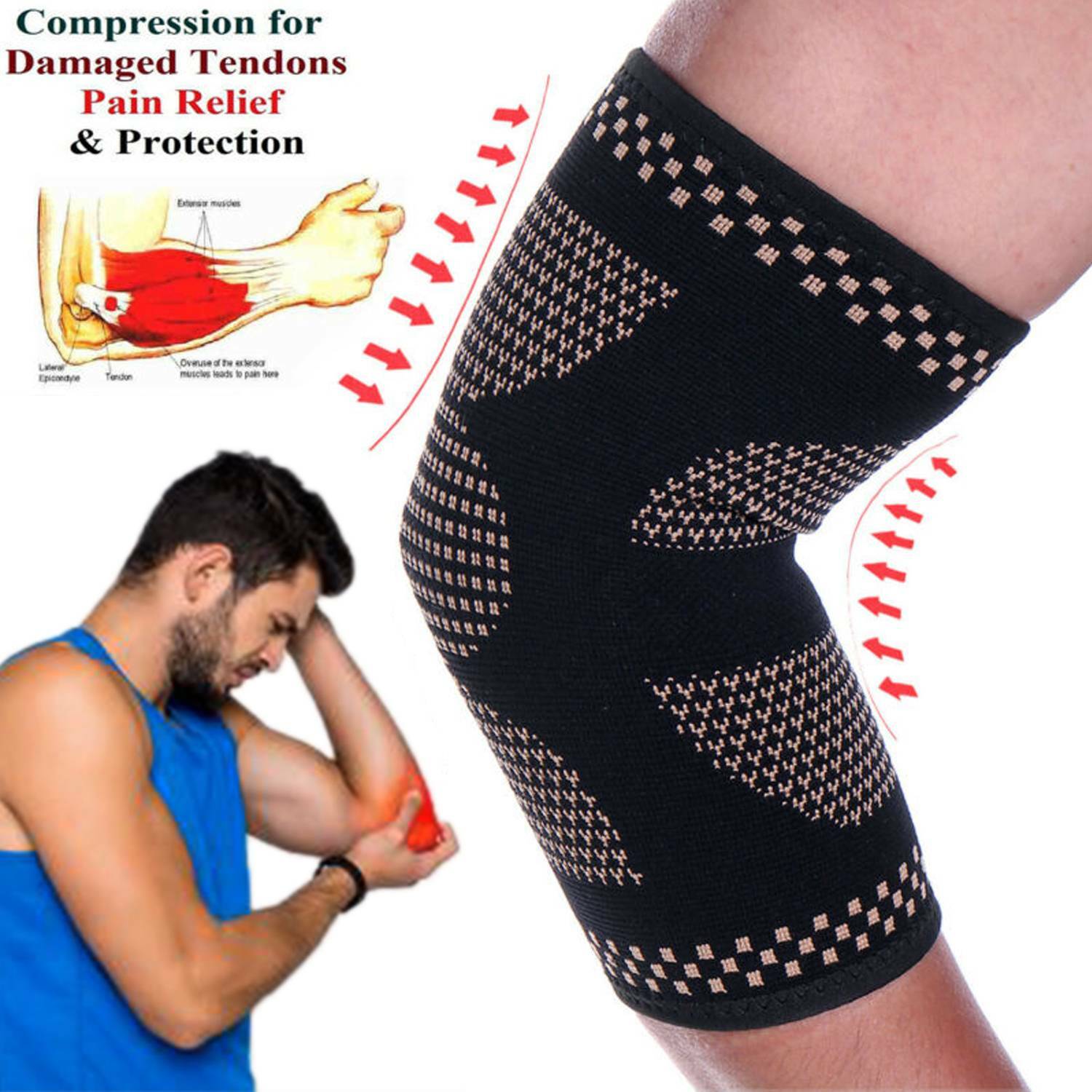 Copper Elbow Brace Support Arm Compression Sleeve Elastic Tennis for Tendonitis