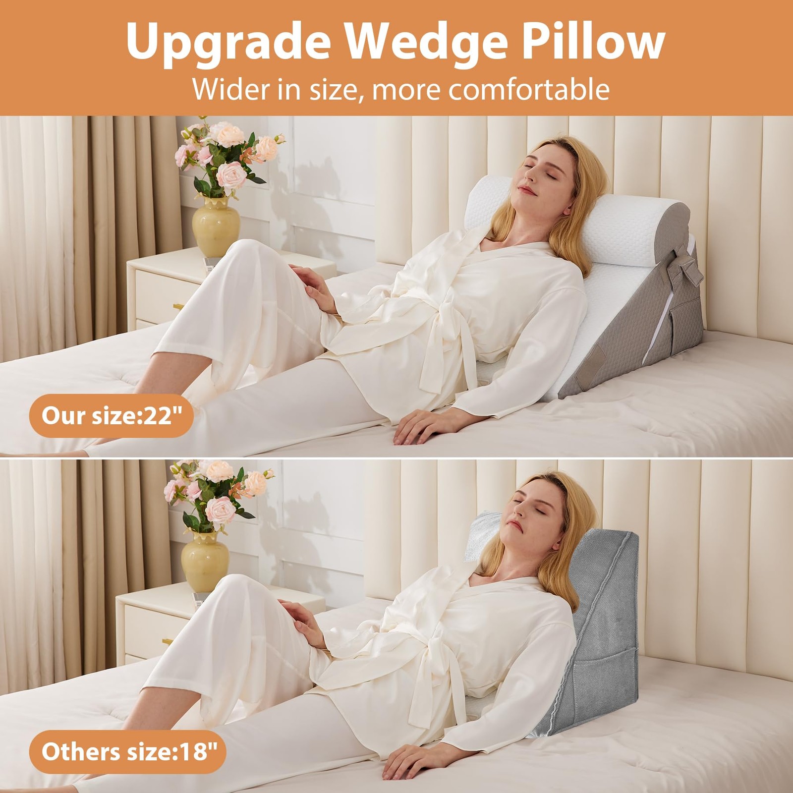 3PCS Wedge Pillow Set for After Adjustable Wedge+1 Pillow, White/Grey