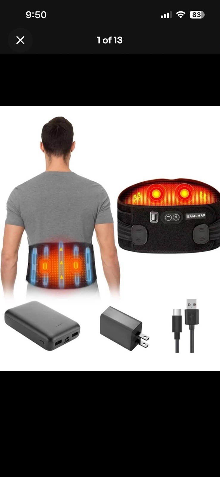 Heated Back Brace Lower Back Pain Relief Adjustable New Open Box Size L/XL