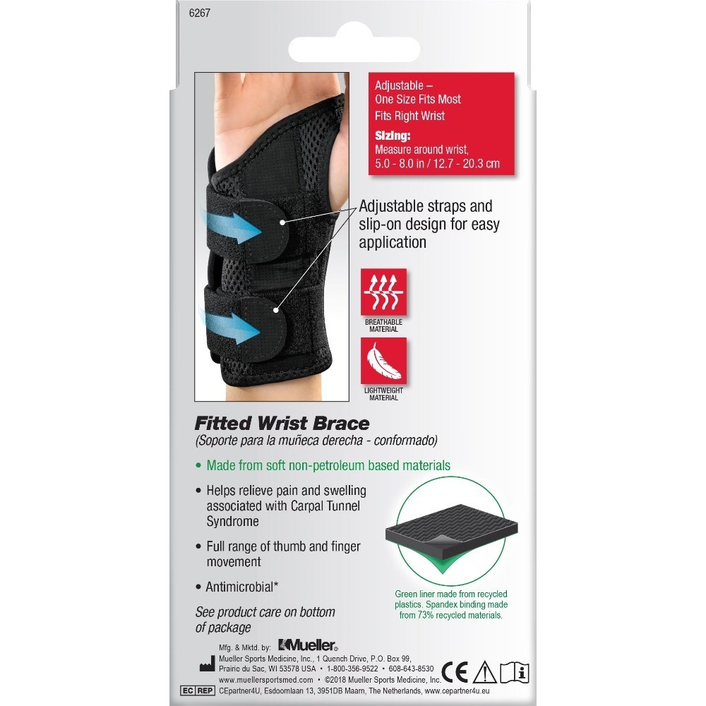 Green Fitted Wrist Brace Right Hand Unisex One Size Fits Most Black