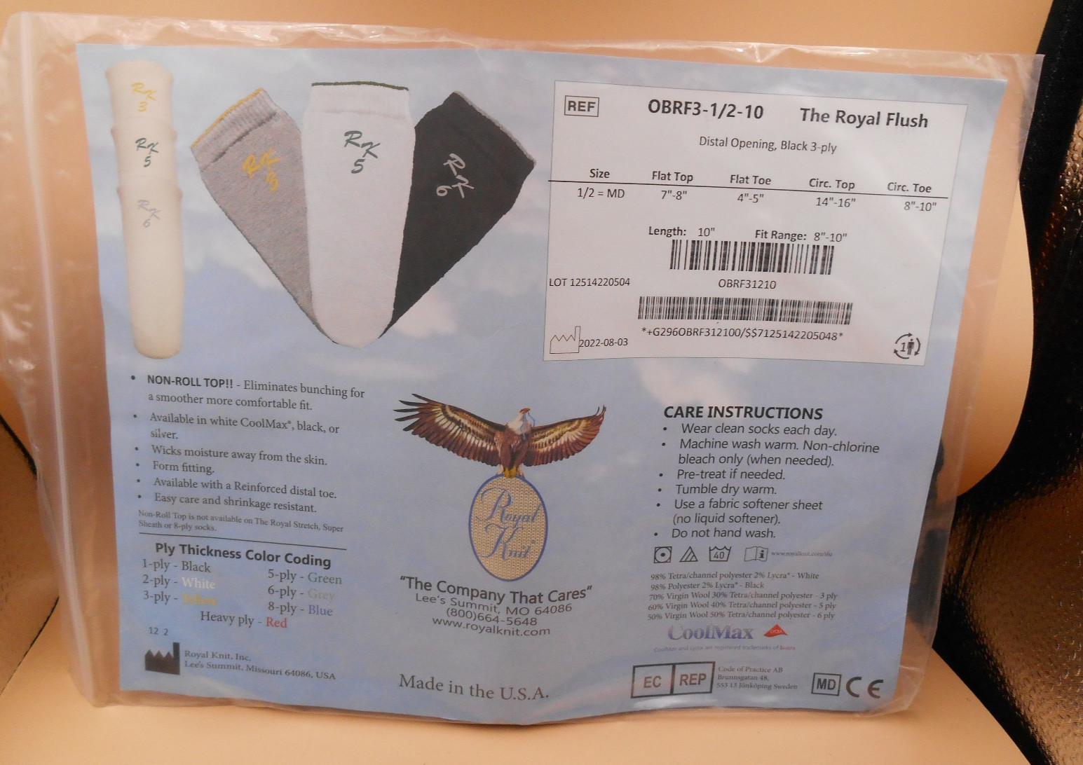 THE ROYAL FLUSH PROSTHETIC SINGLE SOC BLACK 3-PLY COOLMAX MADE IN USA 1/2=MD