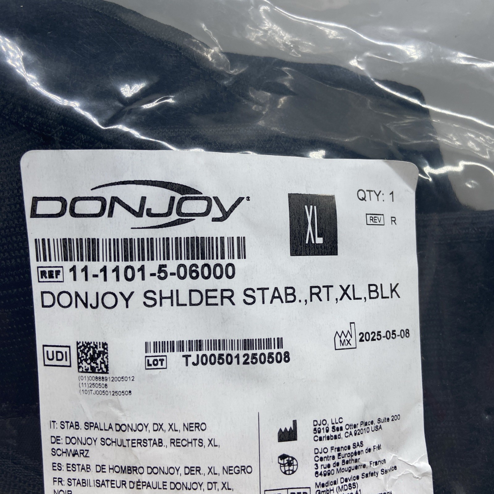 DonJoy Post-Injury Shoulder Stabilizer Brace Right XL Black 11-1102-5-06000