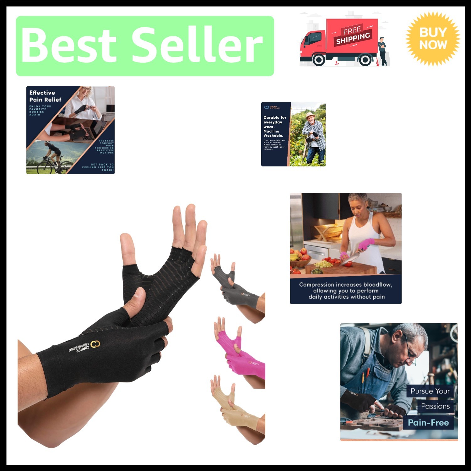 Moisture-Wicking Arthritis Gloves | Copper Fiber Fingerless Design for Comfort