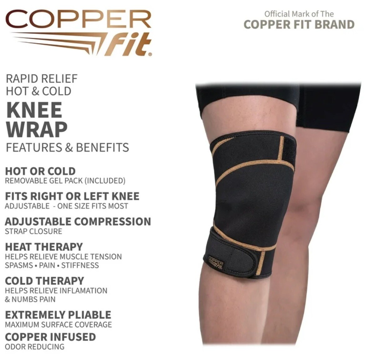 Copper Fit Rapid Relief Knee Compression Hot Cold Therapy Adjustable Wrap Black