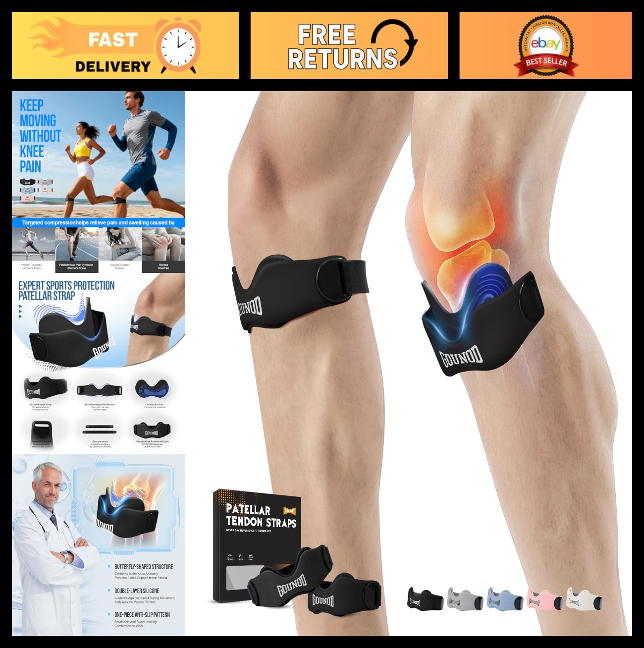 Patellar Tendon Support Strap 2 Pack – Silicone Knee Brace for Pain Relief, Jump