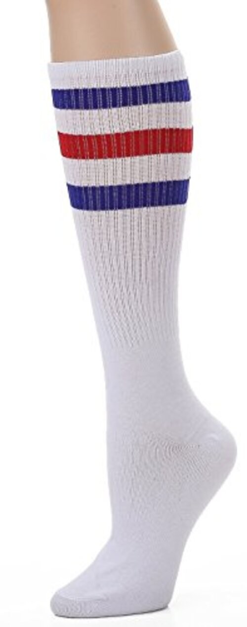 Knee High Tube Socks: Over the Calf Retro Striped One Size White/Blue/Red