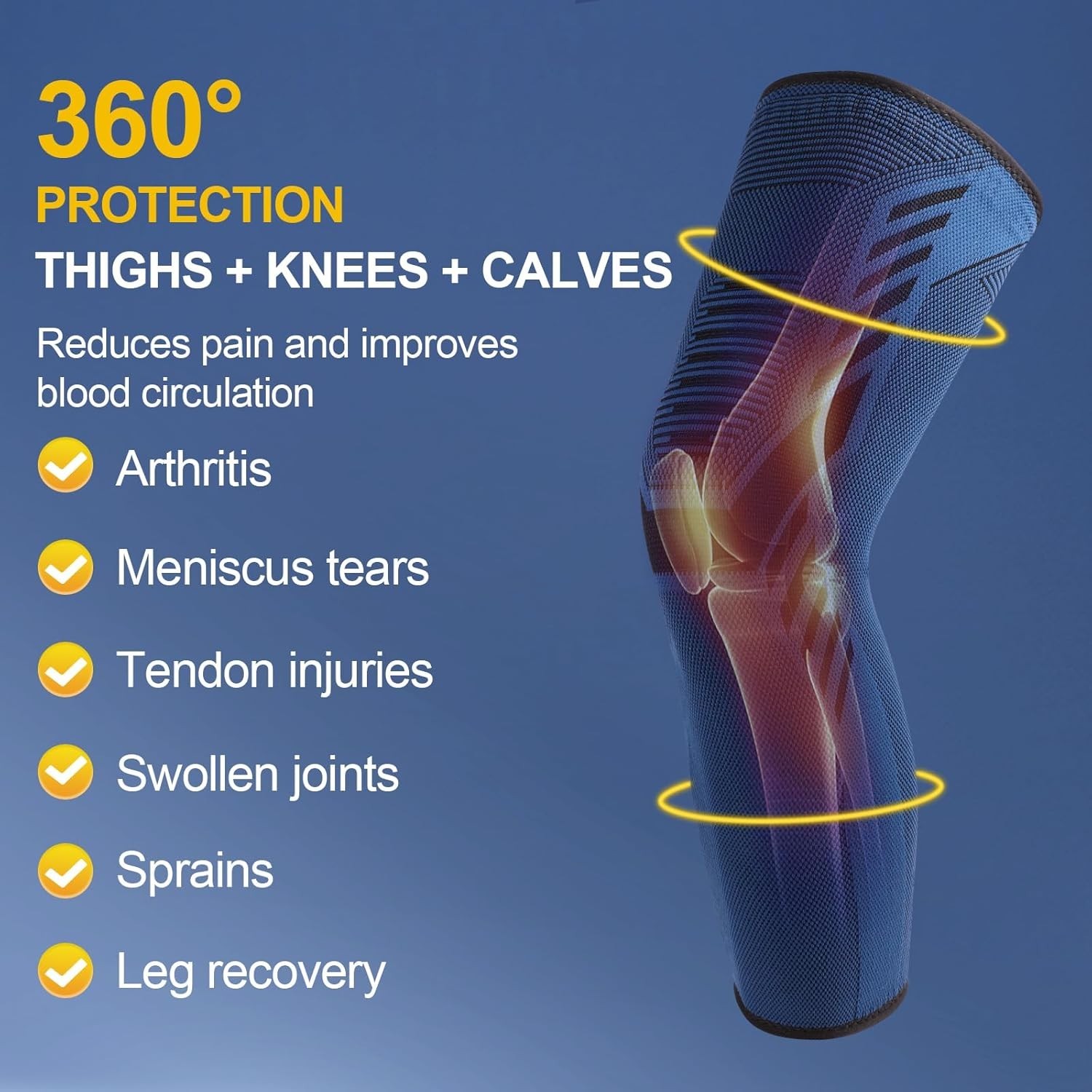 Leg Compression Sleeve 1 Pair Long Knee Braces for Women and Men Knee Support wi