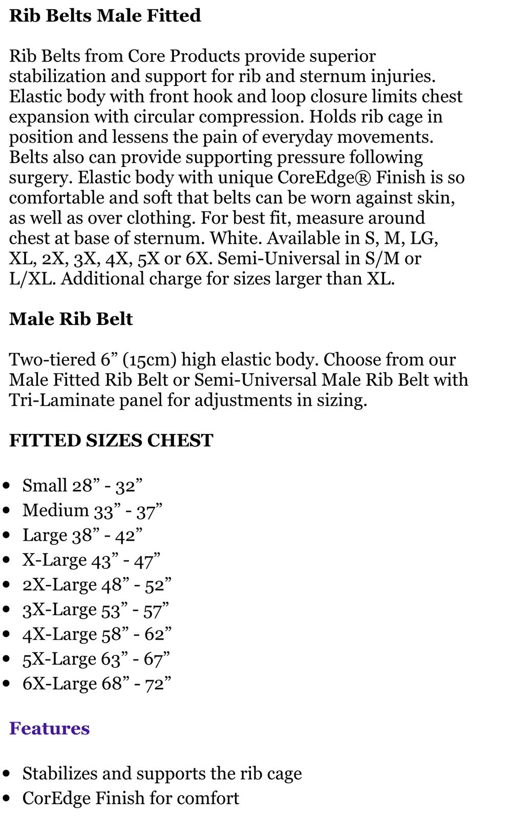 Core Products International Male Rib Belt XXX-Large 53 X 57″ Stabilizes Rib Cage