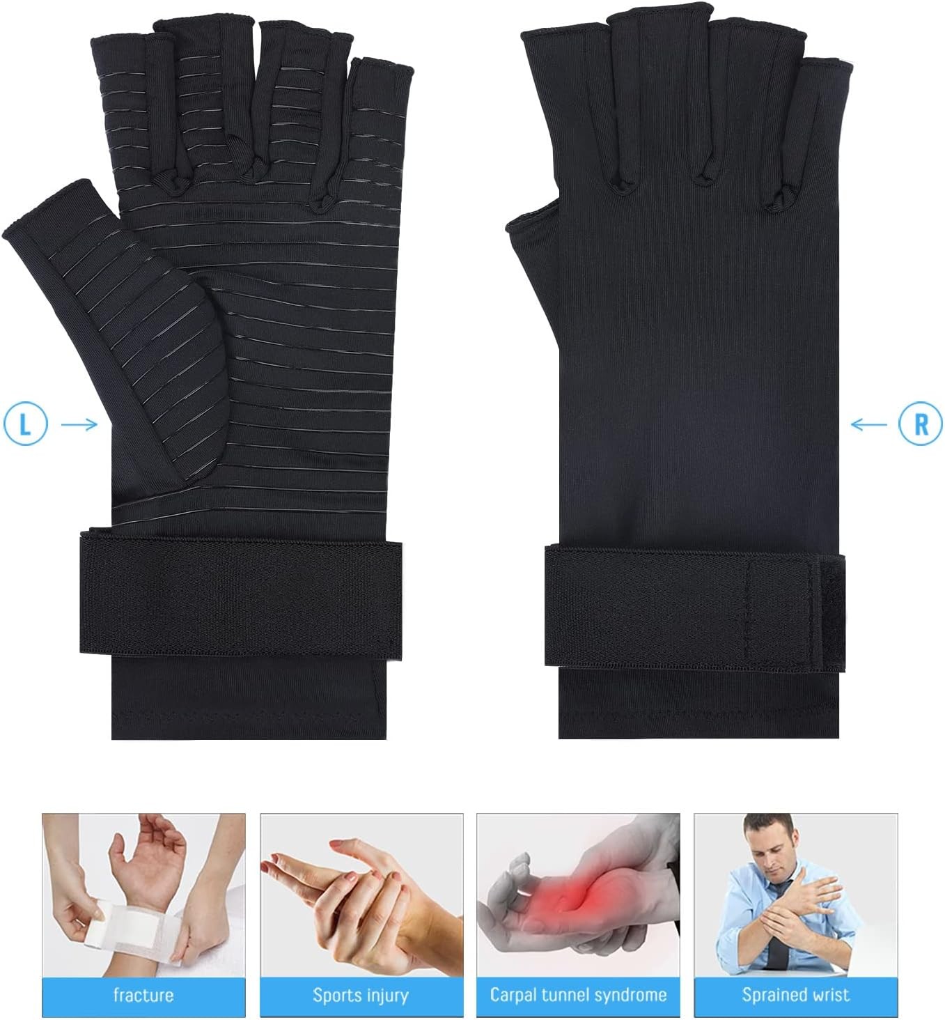 Tikaton Copper Infused Compression Arthritis Gloves with Wrist Strap for Hand Pa