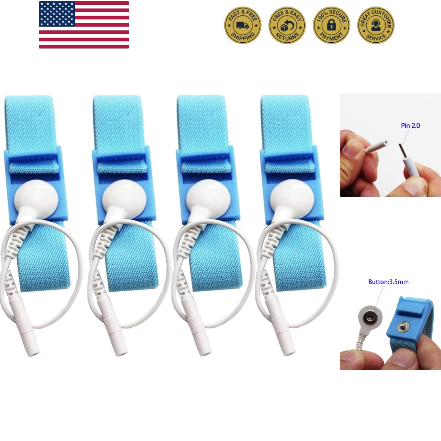 Adjustable Estim Wrist Strap Components 4pcs Blue Stim Loops 4pcs White Wires