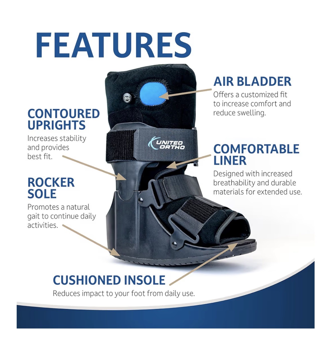 United Ortho USA14111 Short Air Cam Walker Fracture Boot, Extra Small, Black