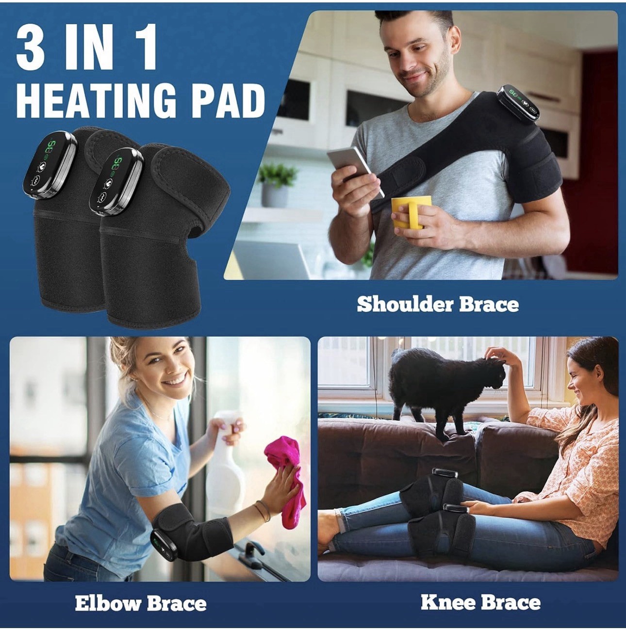 Knee Shoulder Elbow Massager Braces with Heat & VIBRATION-2PK-BLACK NEW