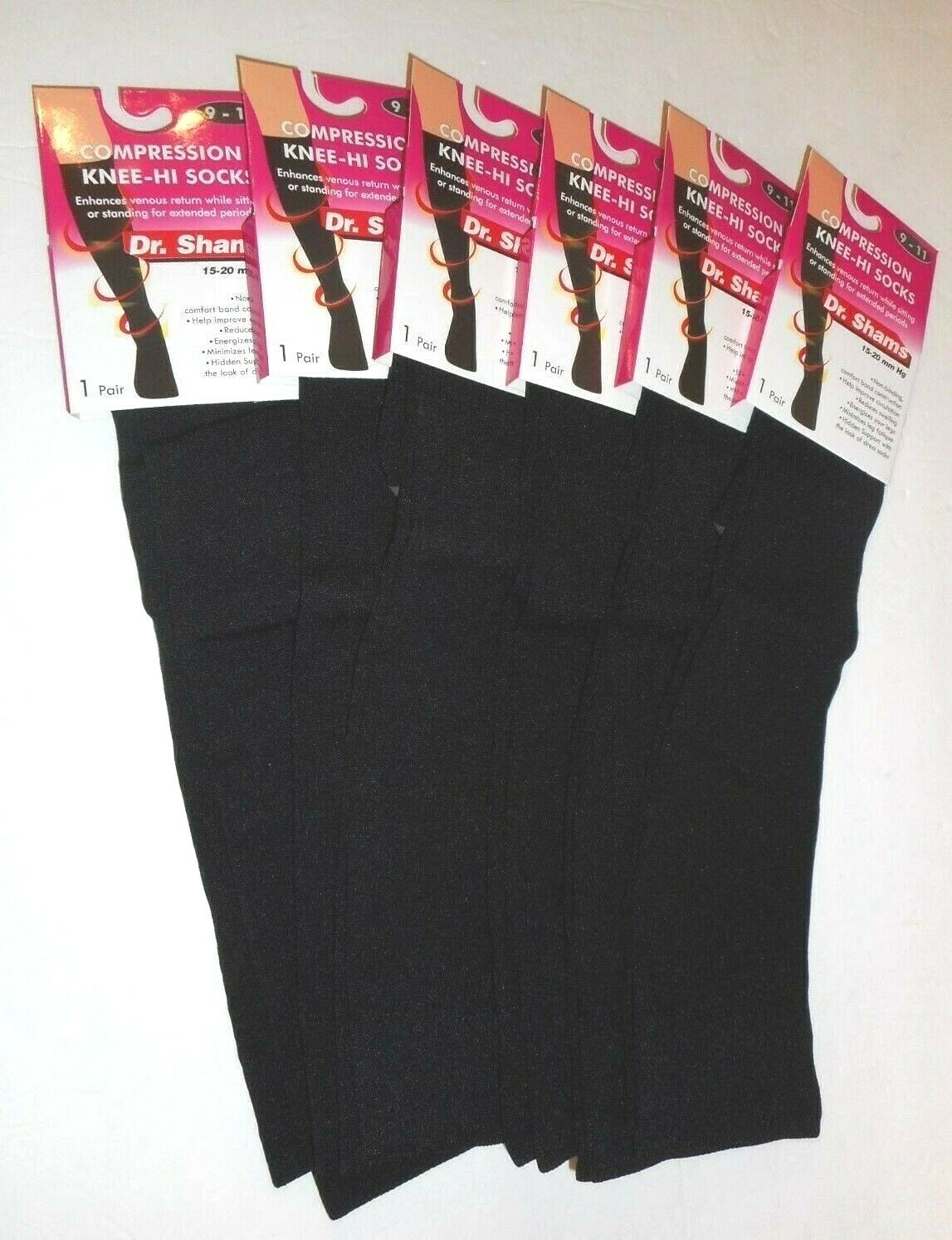 6 Pairs Compression Knee High Socks 9-11 Dr Shams Black 8-15 mmHg Graduated