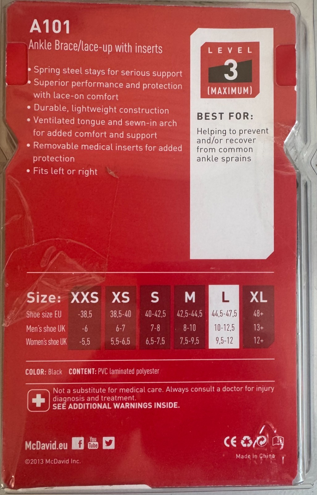 McDavid A101 Level 3 Ankle Brace (Black / Size L)