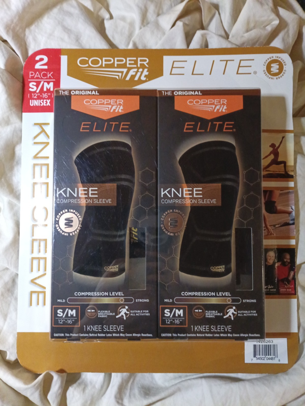 New, Open- Copper Fit Elite Knee Compression Sleeve S/M 12″-16″ (2 pack)
