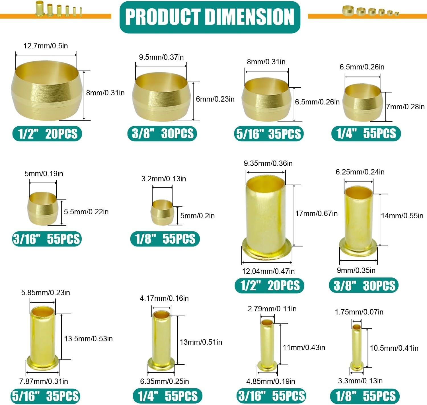 High-Quality Brass Compression Fittings – 500PCS Sleeves and Inserts Assortment