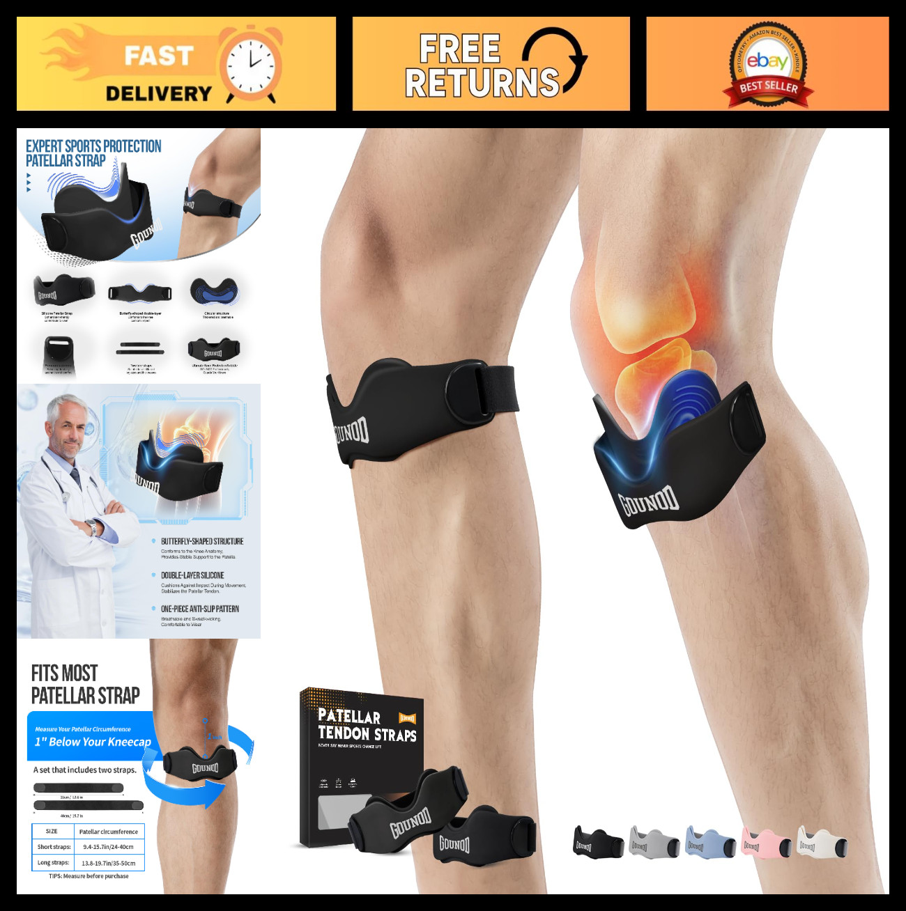 Patellar Tendon Support Strap 2 Pack – Silicone Knee Brace for Pain Relief, Spor