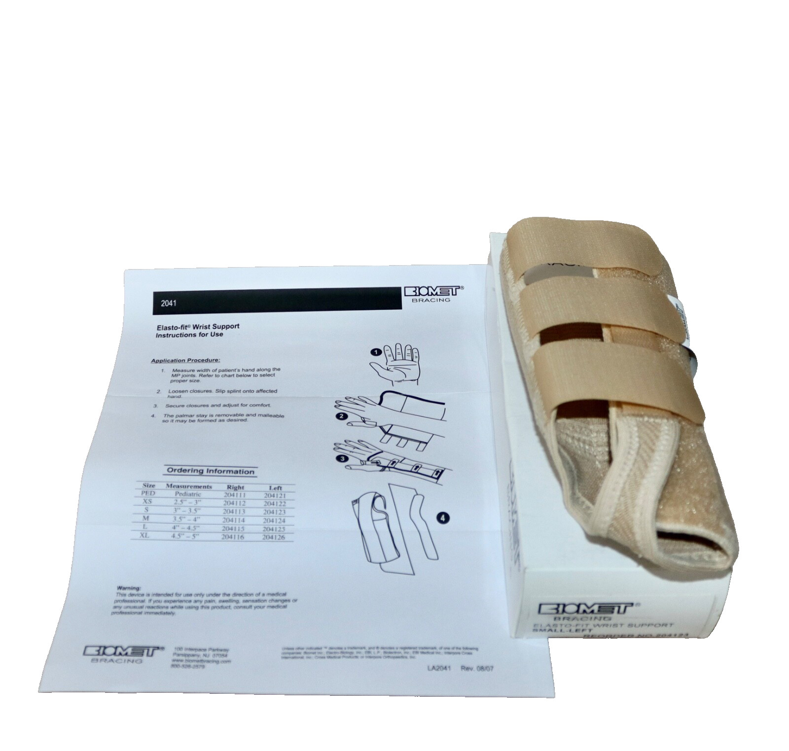 Biomet Bracing Elasto Fit Wrist Support ~ Adult Left Small ~ Beige #204123 NEW