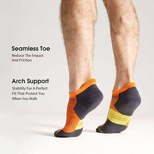Men’s Ankle Running Socks with Cushion, Arch Support Low Cut Large Orange