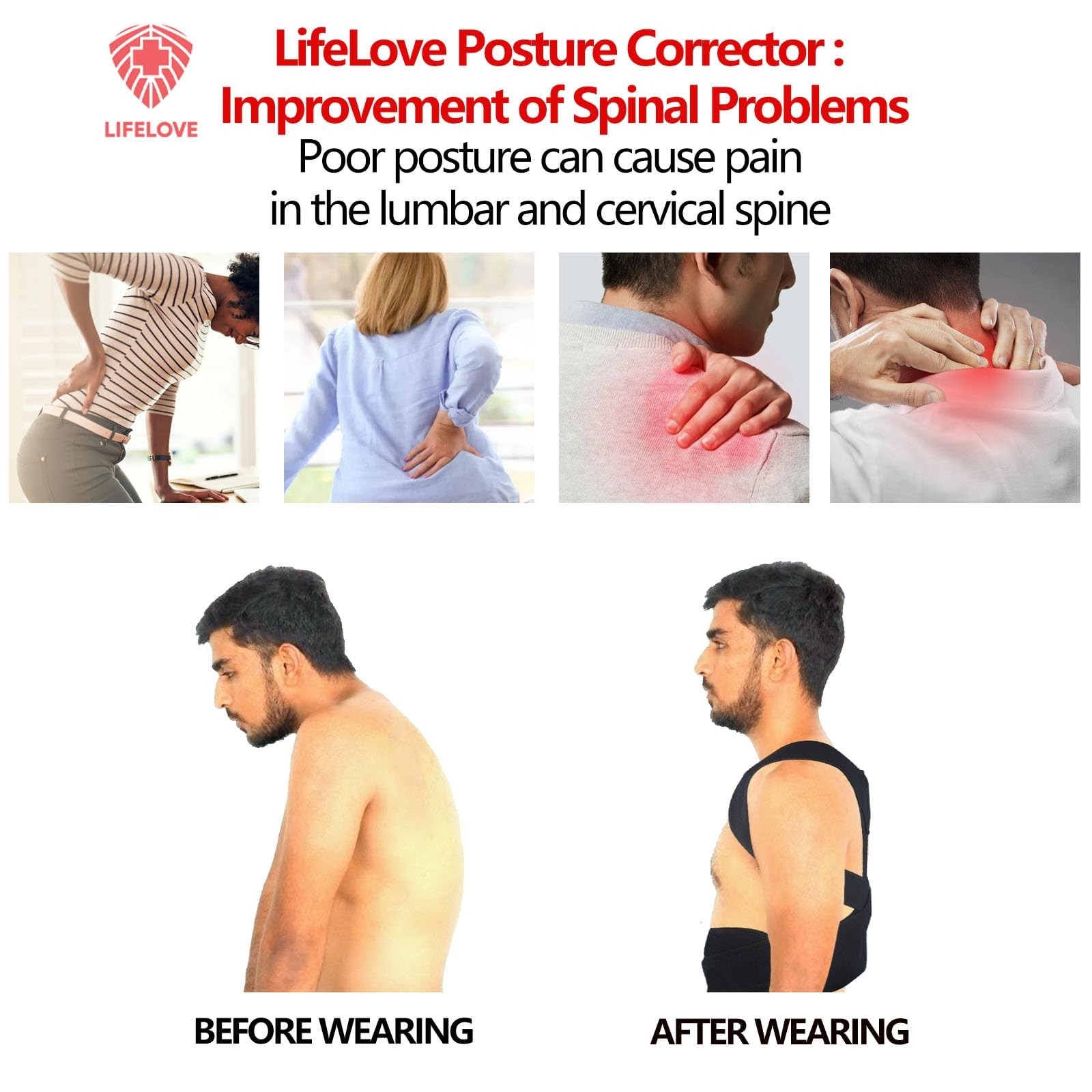 LifeLove Adjustable Posture Support Brace for Upper Back & Shoulders, Fits He…