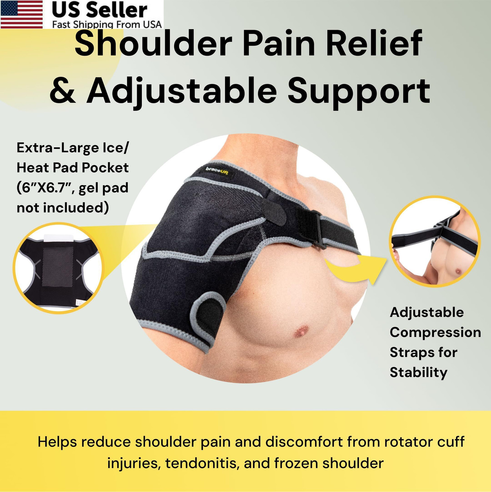BraceUP Shoulder Brace with Adjustable Support and Ice Pad Pocket for Black
