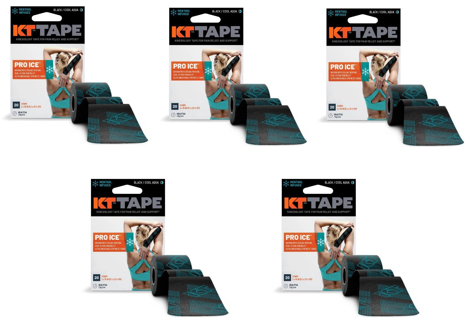 5X KT Tape Elastic Sports Tape 20 PreCut Strips 2″x10″ Black /Aqua 200 Strips