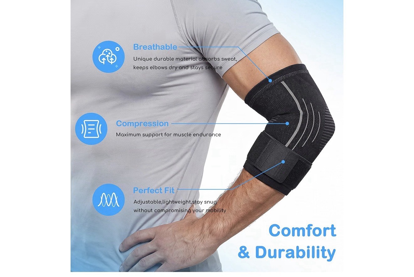 Adjustable Breathable Elbow Brace Sleeve Strap, Compression Stabilization, Black
