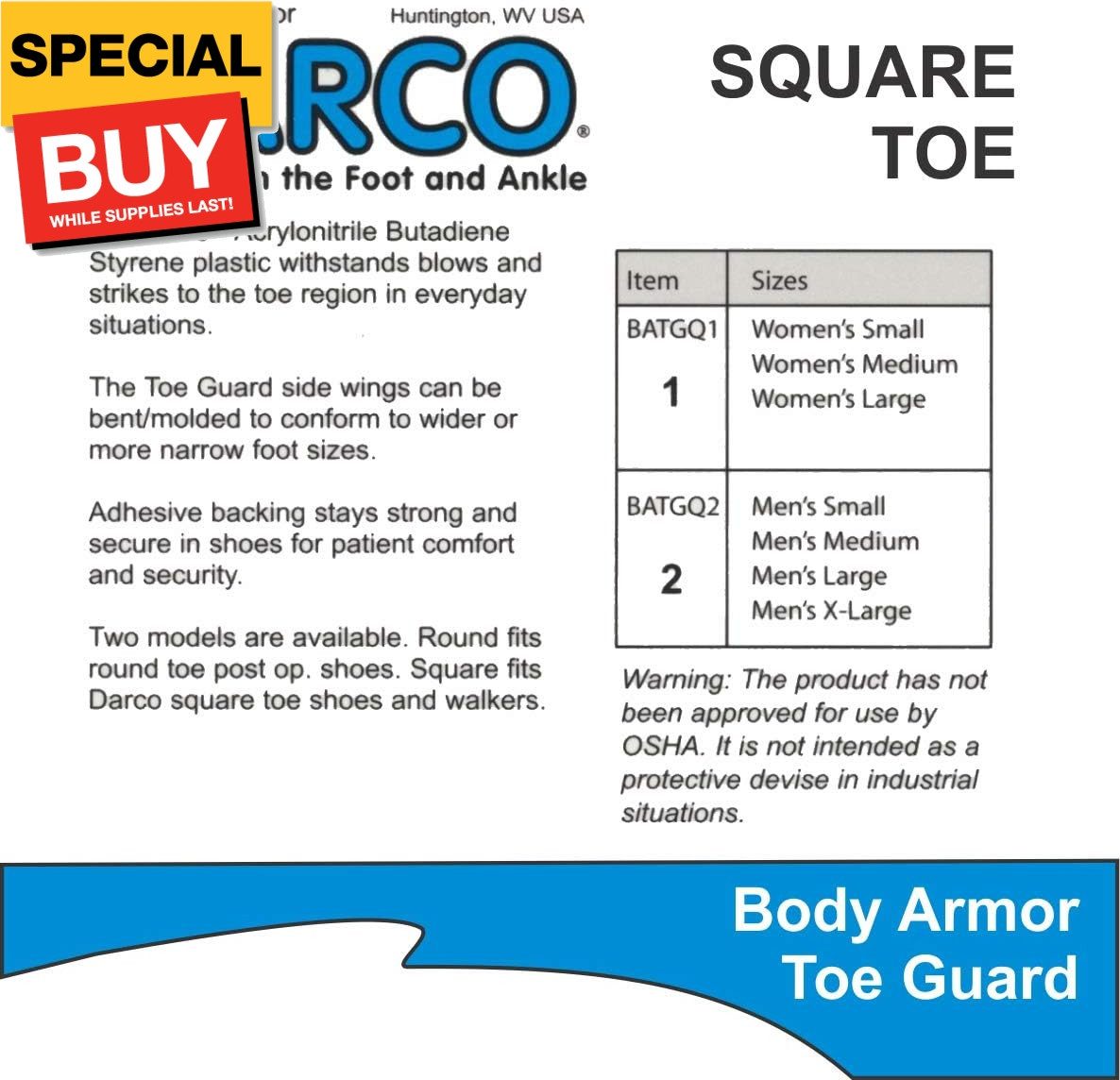 Body Armor Toe Guard Squere (Men’s Small – X Large)