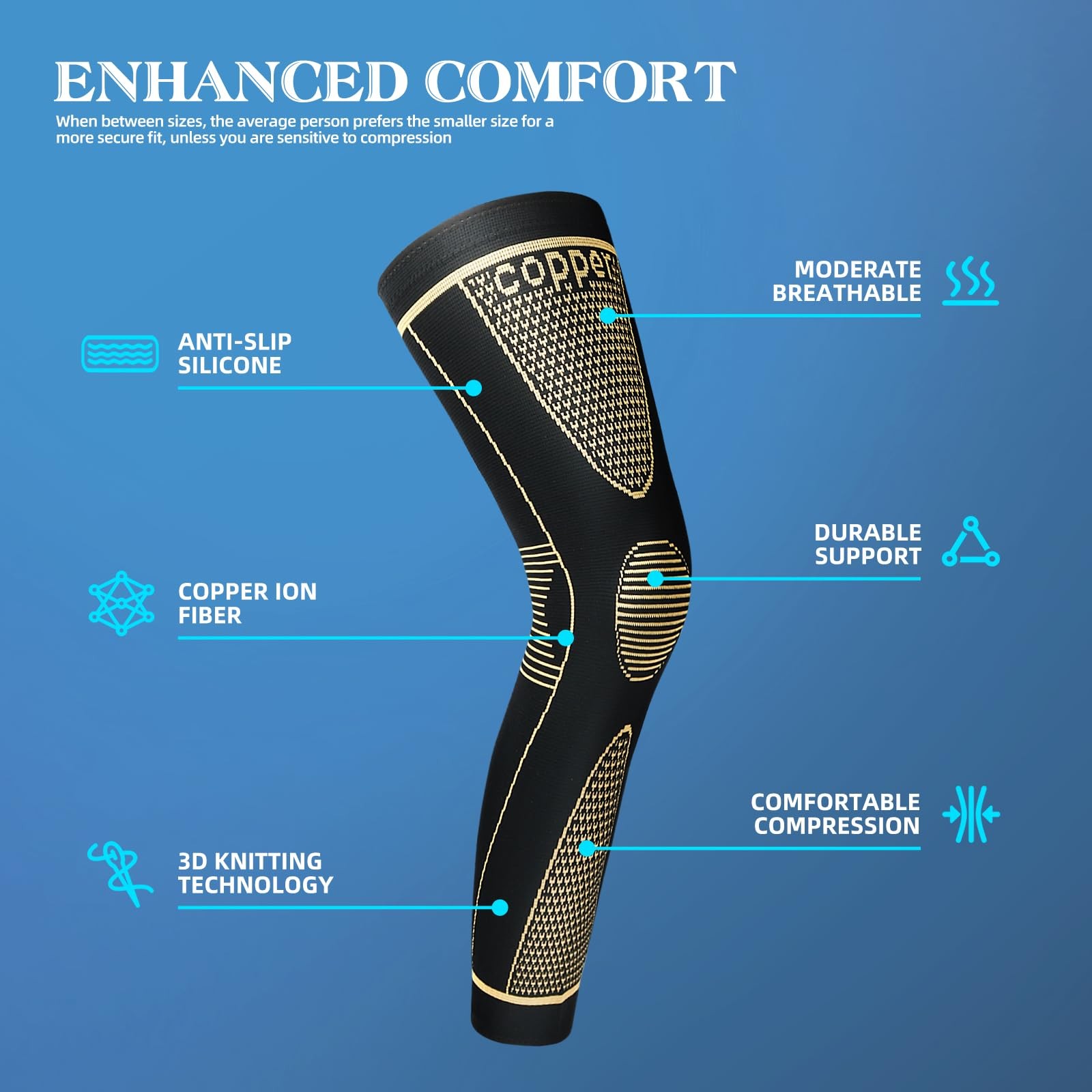 SKDK Copper Full Leg Sleeves Long Compression，Knee XX-Large（1 Pair）, Copper-I