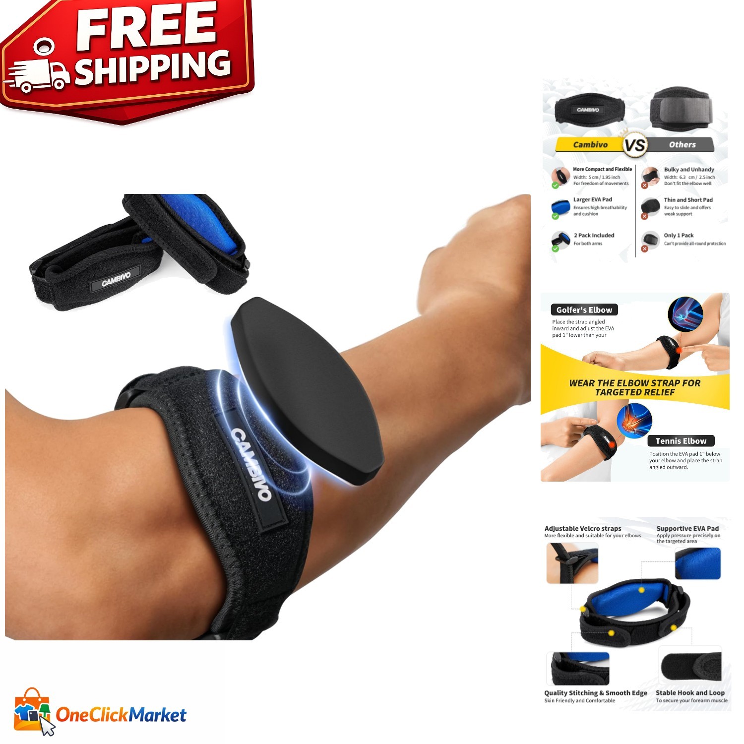 Elbow Brace for Tendonitis Tennis Elbow Support 2 Pack Pain Relief Arm Band