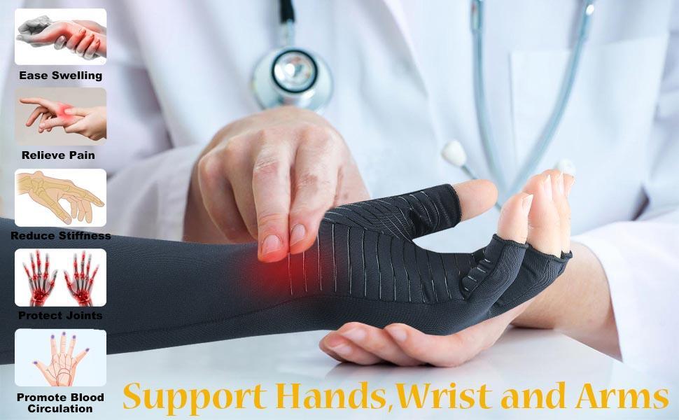 Copper Compression Long Gloves Gym Arthritis Carpal Tunnel Support Pain Relief ~
