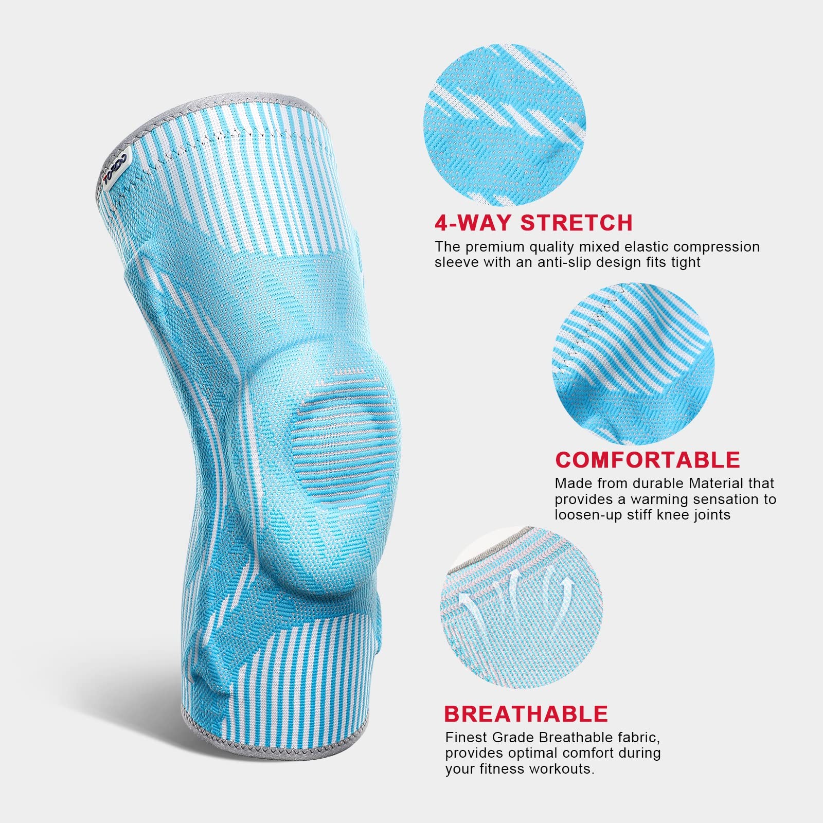 TORDO TDKB1091 Knee Brace Compression Sleeve with Gel Pad Side Stabilizers for