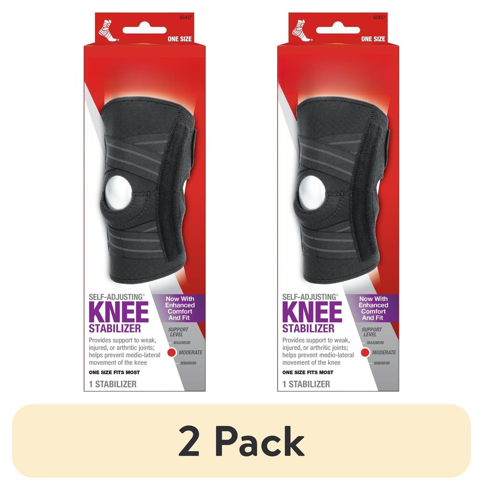 (2 pack) Self Adjusting Knee Stabilizer, Black, One Size Fits Most