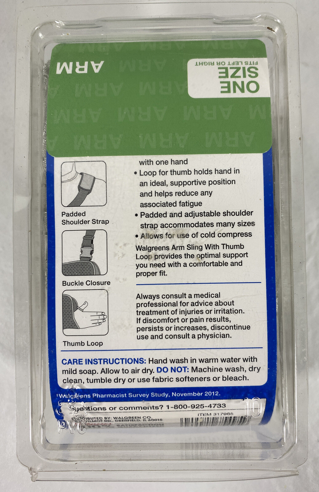 Walgreens~Arm Sling W/Thumb Loop~Padded Shoulder~Antimicrobial~One Size~Fits L/R