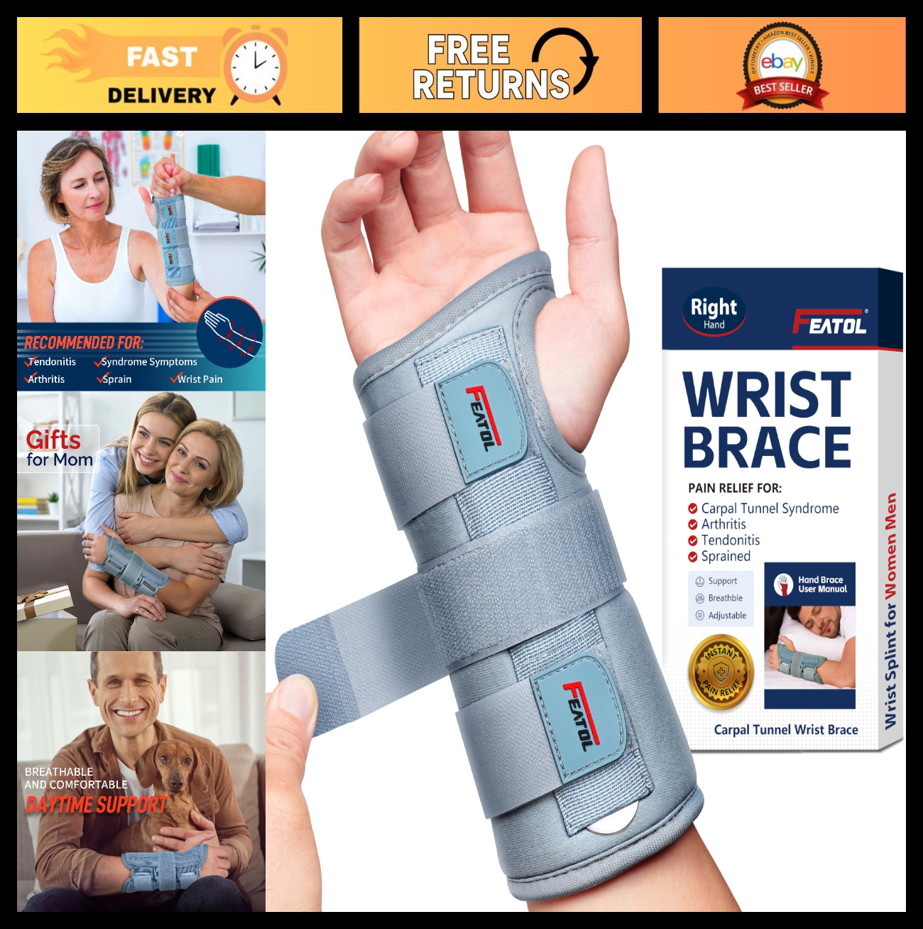 Adjustable Carpal Tunnel Wrist Brace for Men & Women, Night Sleep Support, Right