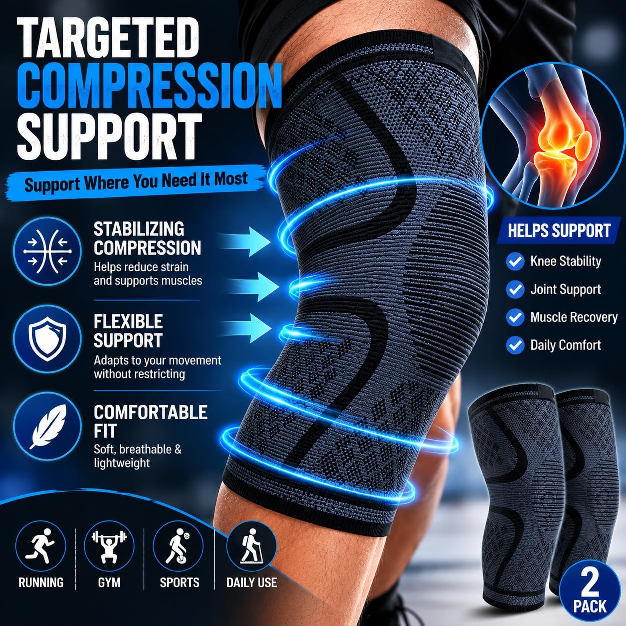 2 PCS Compression Knee Brace Support Sleeve For Joint Meniscus Arthritis