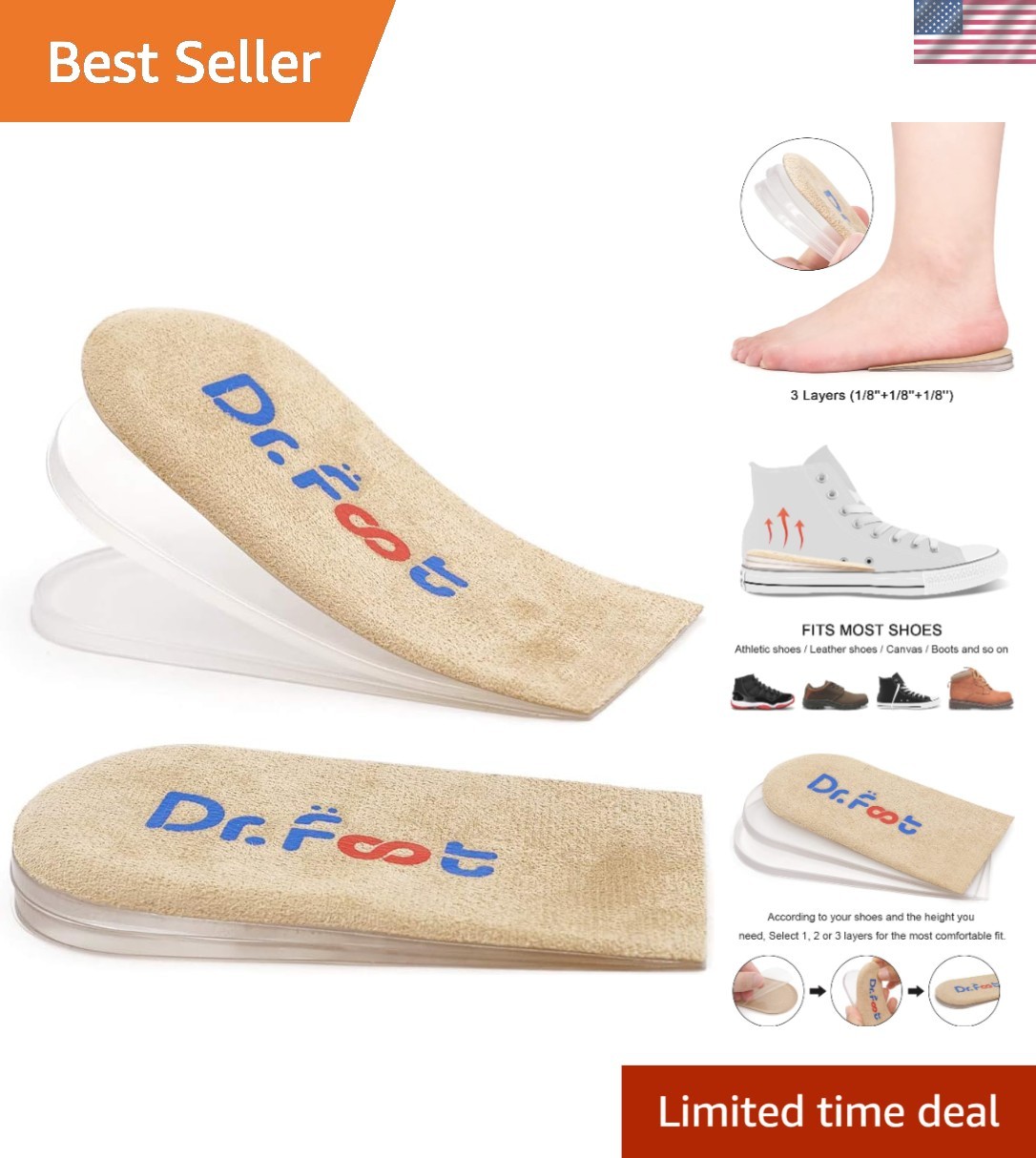 Comfortable Gel Heel Lift Inserts – 3 Layer Anti-Slip Design for All Shoe Types