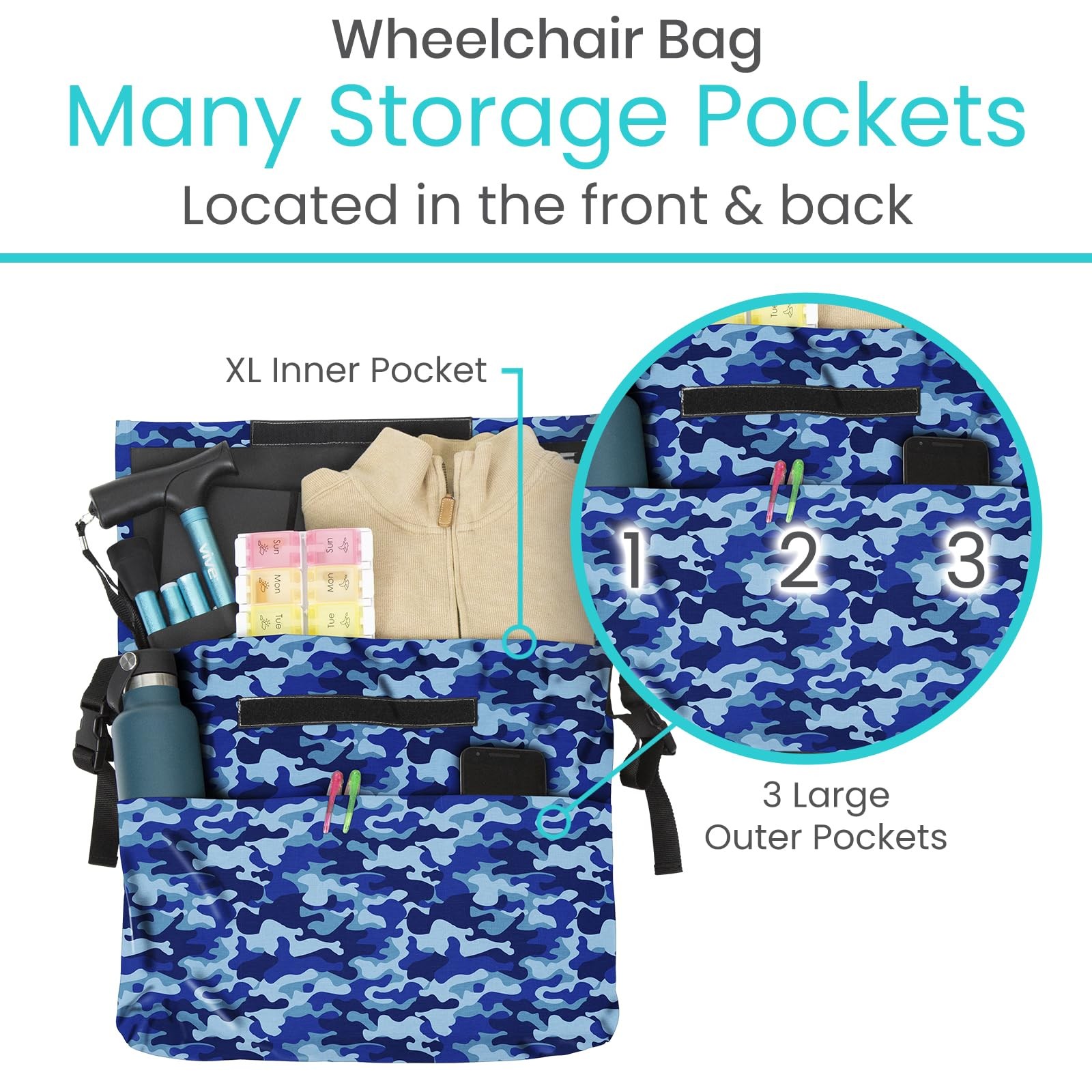 Vive XL Wheelchair Accessories Bag – Waterproof, Extra Large (XL), Blue Camo